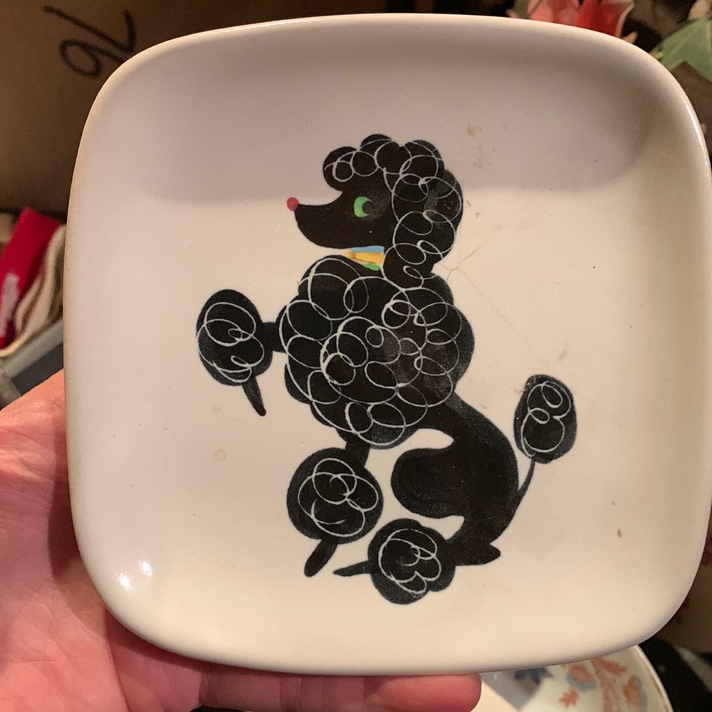 . Vintage Glidden Pottery Stoneware Poodle Dog Square Serving Plate #35 1950s